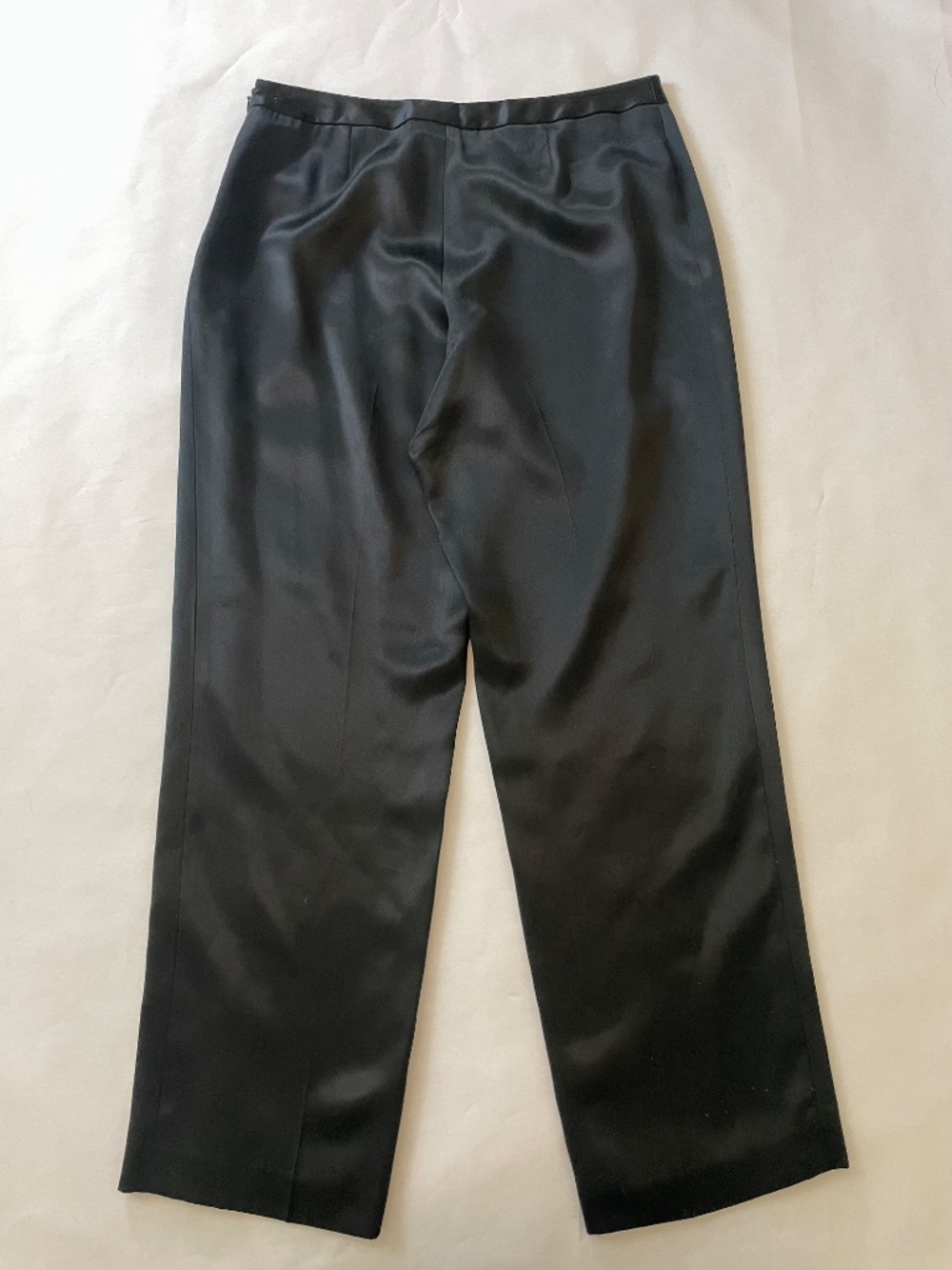 100% Silk Straight Leg Black Satin Pants, Cigarette Leg, Minimalist, Women's 10